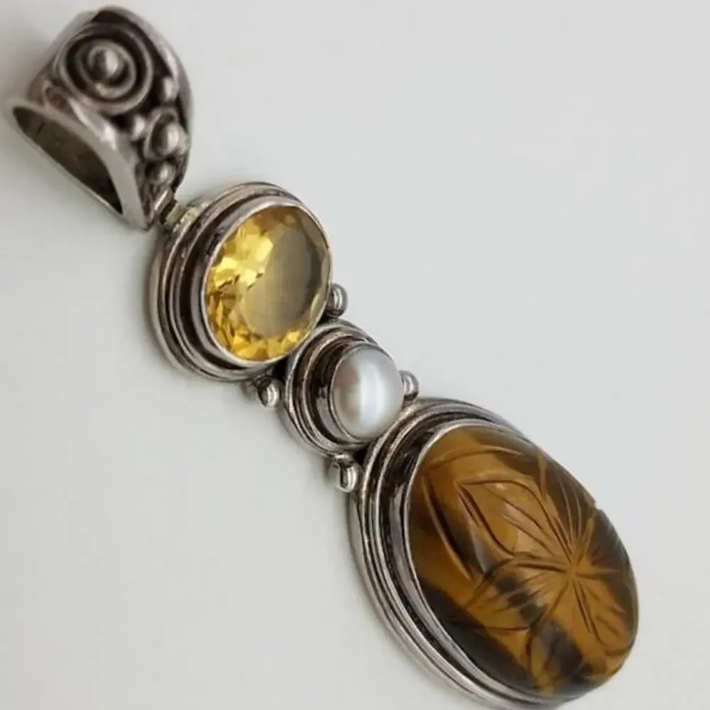 Vintage Silver .925 Carved Tigers Eye Cultured Pearl Citrine Pendant